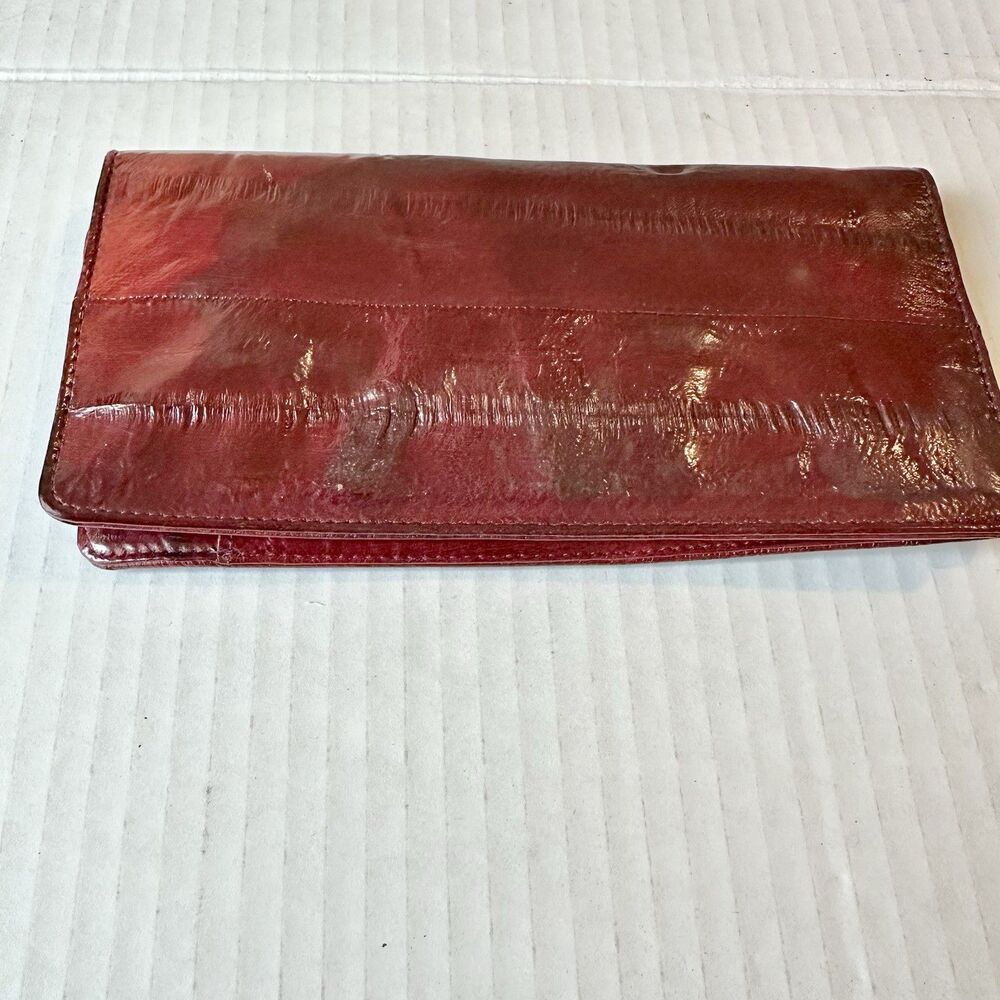 Vintage Genuine Eel Skin Wallet Checkbook Burgundy Wine Slim Pen Holder